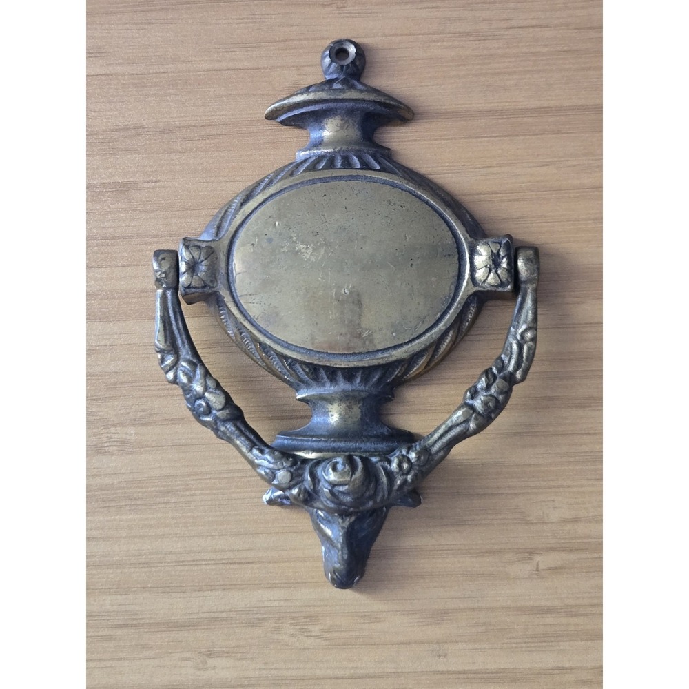 Vintage Neoclassical Solid Brass Door Knocker With Ram Head And Blank Cartouche